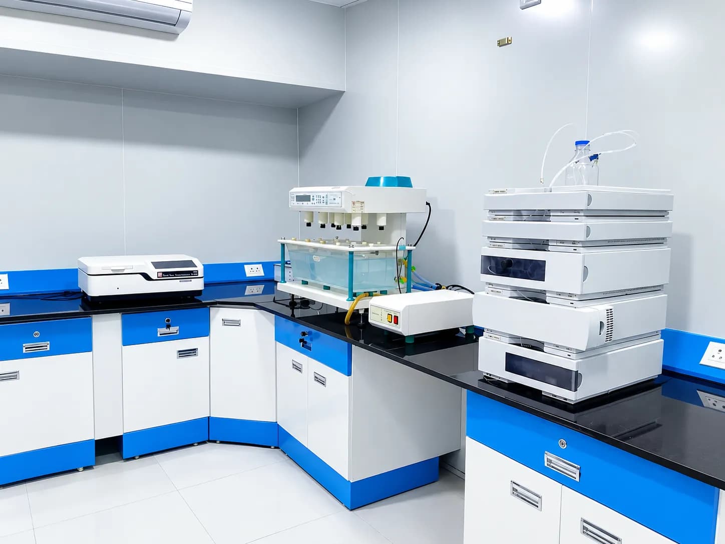 Quality control laboratory with HPLC and UV spectrophotometer